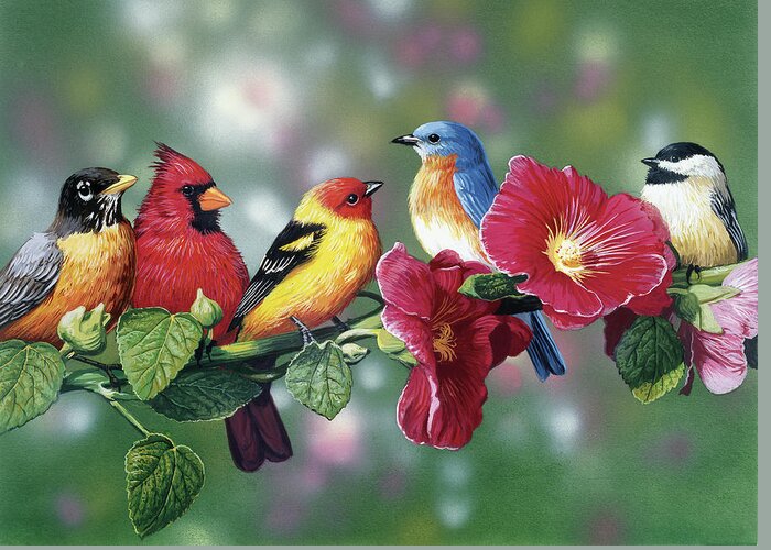 Birds Greeting Card featuring the painting Songbirds On Hollyhock by William Vanderdasson