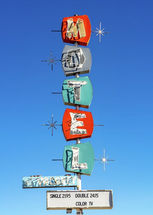 Neon Greeting Card featuring the photograph Space-age Neon Motel Sign by Daniel Woodrum