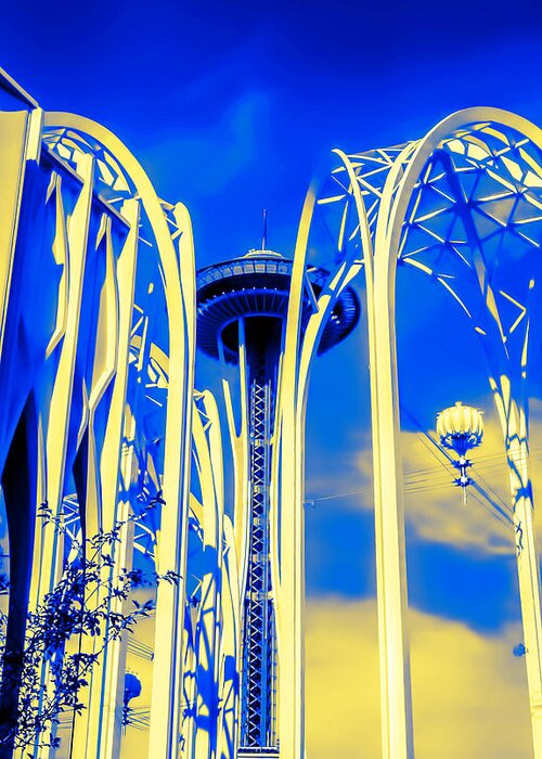 Space Needle Greeting Card featuring the photograph Space Needle Blue and Yellow by Cathy Anderson