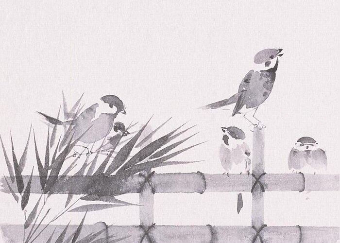 Songbird Greeting Card featuring the digital art Sparrows Perching On Bamboo Fence by Daj