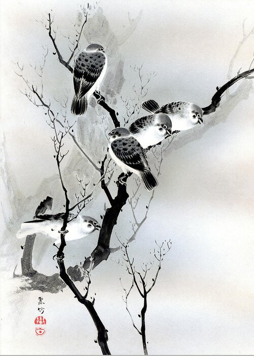Sparrow Greeting Card featuring the painting Sparrows by Puri-sen