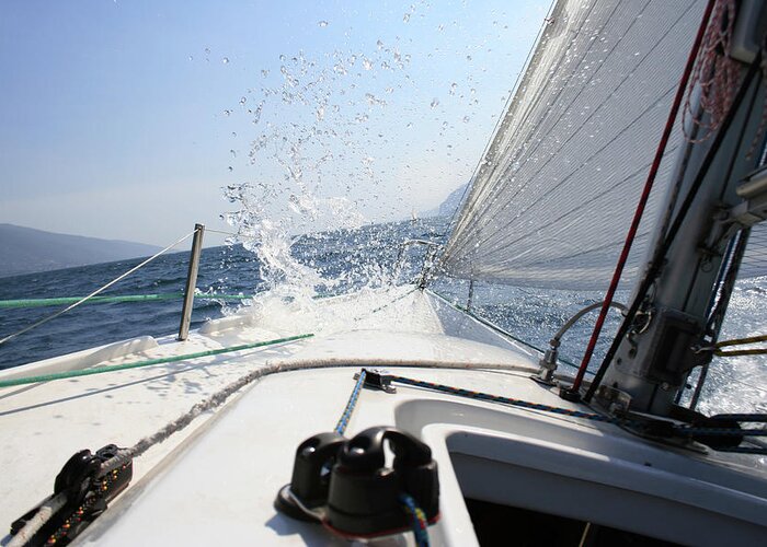 Wind Greeting Card featuring the photograph Splash On Sailing-yacht by Crossbrain66