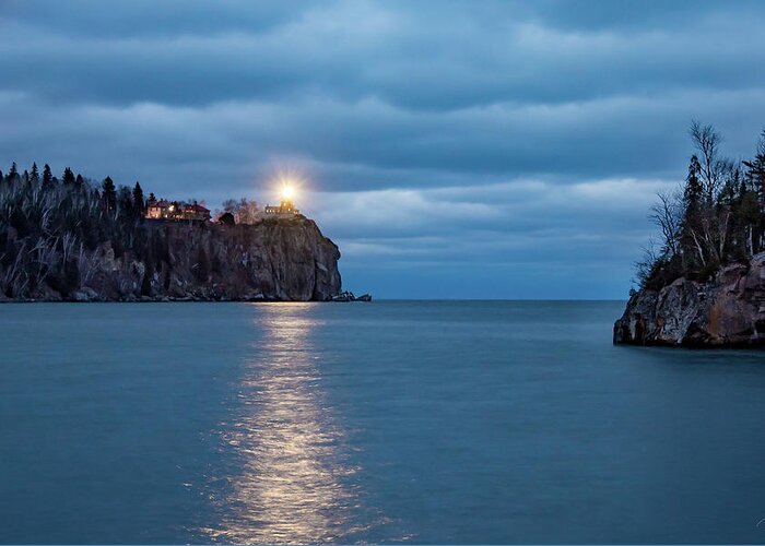 Night Photography Greeting Card featuring the photograph Split Rock Beacon Lighting Signed by Karen Kelm