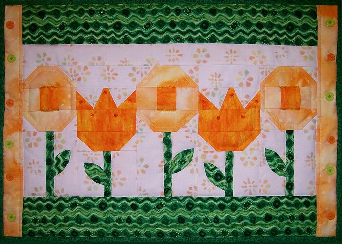 Art Quilt Greeting Card featuring the tapestry - textile Spring Flowers by Pam Geisel