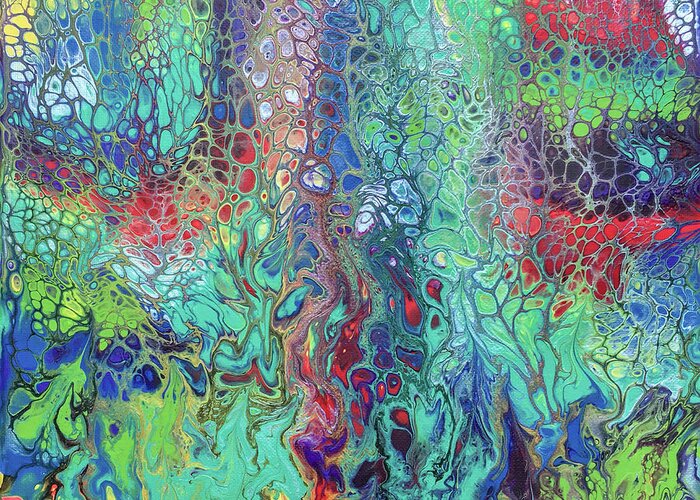 Poured Acrylic Greeting Card featuring the painting Spring Rush by Lucy Arnold