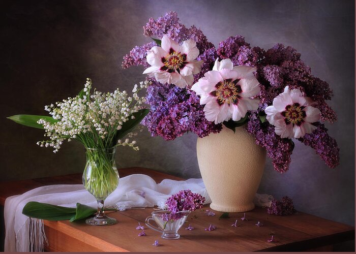 Flowers Greeting Card featuring the photograph Spring Still Life With A Bouquet Of Peonies by Tatyana Skorokhod (??????? ????????)