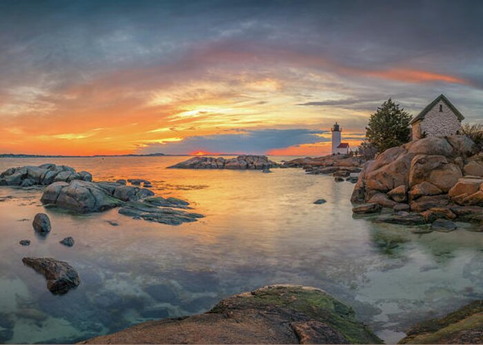 Annisquam Greeting Card featuring the photograph Spring Sunset Panorama at Annisquam Lighthouse by Kristen Wilkinson