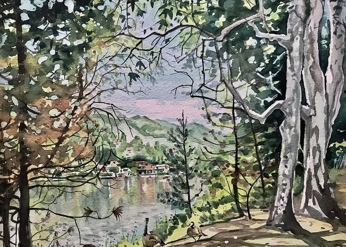 Santa Monica Greeting Card featuring the painting Spring View Malibou Lake by Luisa Millicent