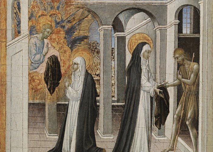Giovanni Di Paolo Greeting Card featuring the painting St. Catherine of Siena and the Beggar by Giovanni di Paolo