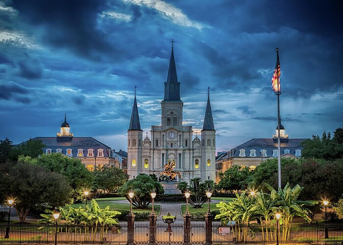 French Quarter Greeting Card featuring the photograph St Louis Cathedral at Night by Susan Rissi Tregoning
