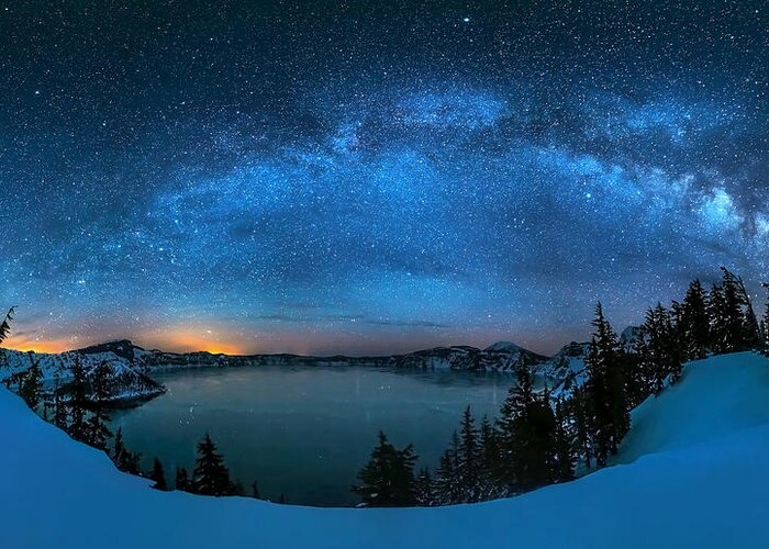 Starry Greeting Card featuring the photograph Starry Night Over The Crater Lake by Hua Zhu