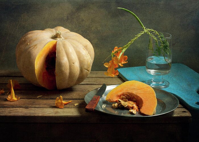 Cutting Board Greeting Card featuring the photograph Still Life With Pumpkin And Orange by Copyright Anna Nemoy(xaomena)