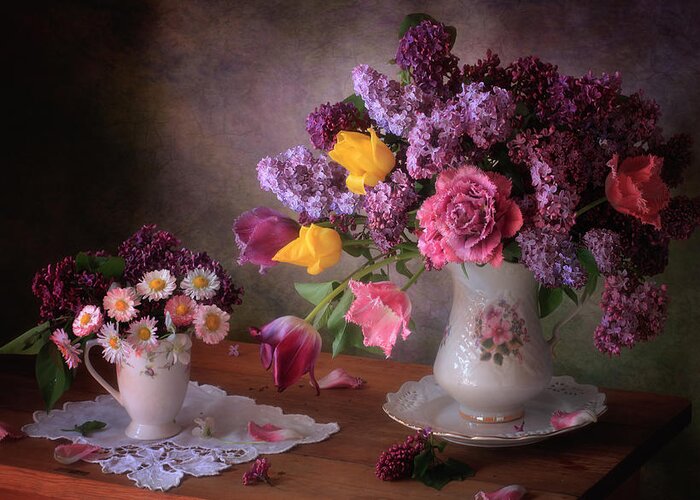 Bouquet Greeting Card featuring the photograph Still Life With Spring Flowers by Tatyana Skorokhod (??????? ????????)