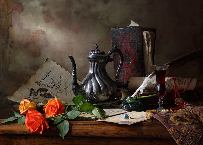 Teapot Greeting Card featuring the photograph Still Life With Teapot And Roses by Andrey Morozov