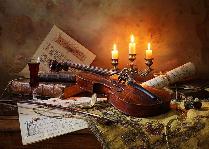 Music Greeting Card featuring the photograph Still Life With Violin And Candles by Andrey Morozov