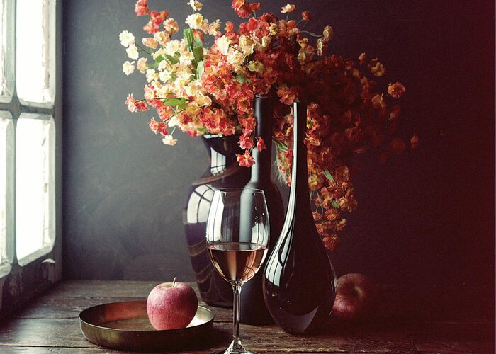 Still Life Greeting Card featuring the photograph Still Life With Wine And An Apple by Luiz Laercio