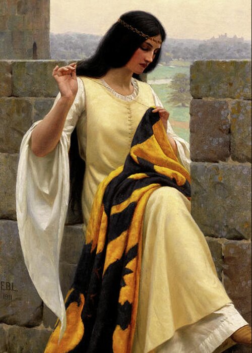 Stitching The Standard Greeting Card featuring the painting Stitching the Standard by Edmund Leighton by Rolando Burbon