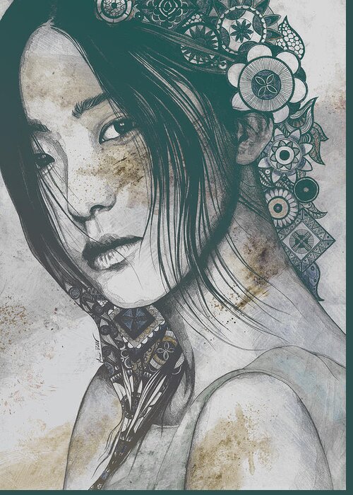 Mandala Greeting Card featuring the drawing Stoic - Autumn - asian woman portrait with mandalas by Marco Paludet