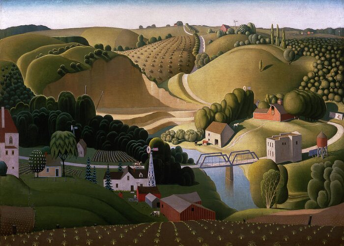 Grant Wood Greeting Card featuring the painting Stone City, 1930 by Grant Wood
