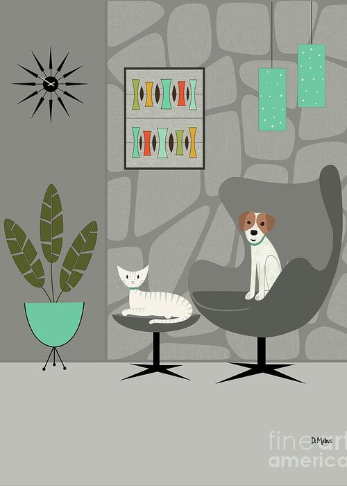 Mid Century Modern Greeting Card featuring the digital art Stone Wall with Dog and Cat by Donna Mibus
