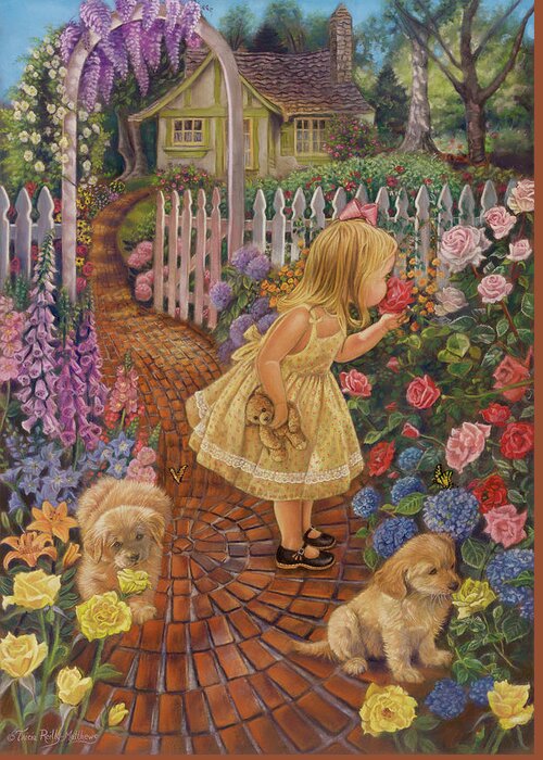 Little Girl Greeting Card featuring the painting Stop And Smell The Roses by Tricia Reilly-matthews