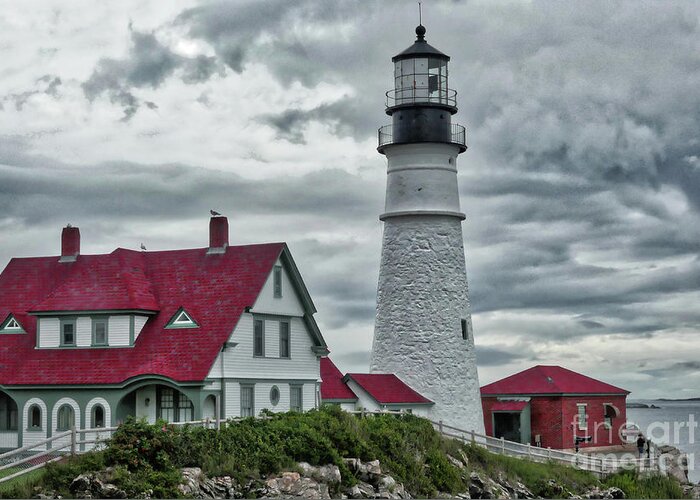 Lighthouse Greeting Card featuring the photograph Stormy Clouds at Portland Head by Amy Dundon