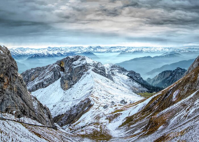 Mountains Greeting Card featuring the photograph Stormy Mountains Panorama, Mount Pilatus, Switzerland by Rick Deacon