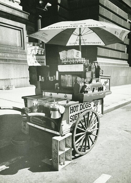 1950-1959 Greeting Card featuring the photograph Street Hot Dogs Vendor Cart, B&w by George Marks