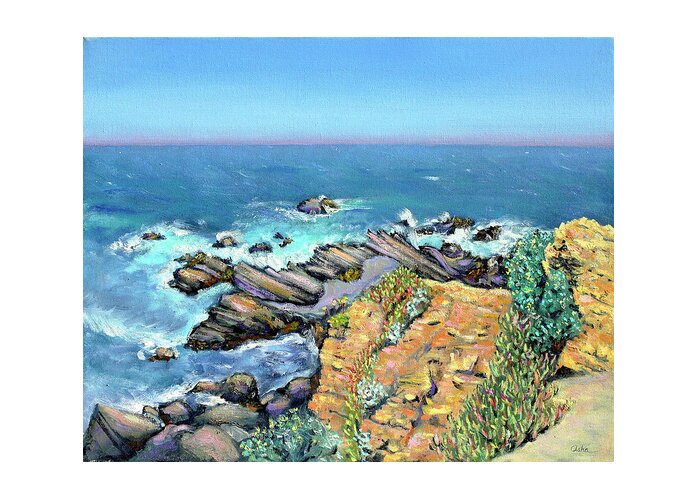 Seascape Painting Greeting Card featuring the painting Striped Rocks near Timber Cove by Asha Carolyn Young