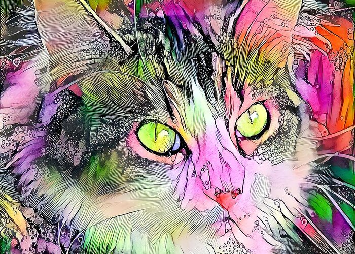 Watercolor. Green Greeting Card featuring the digital art Stunning Watercolor Cat Face Green Eyes by Don Northup