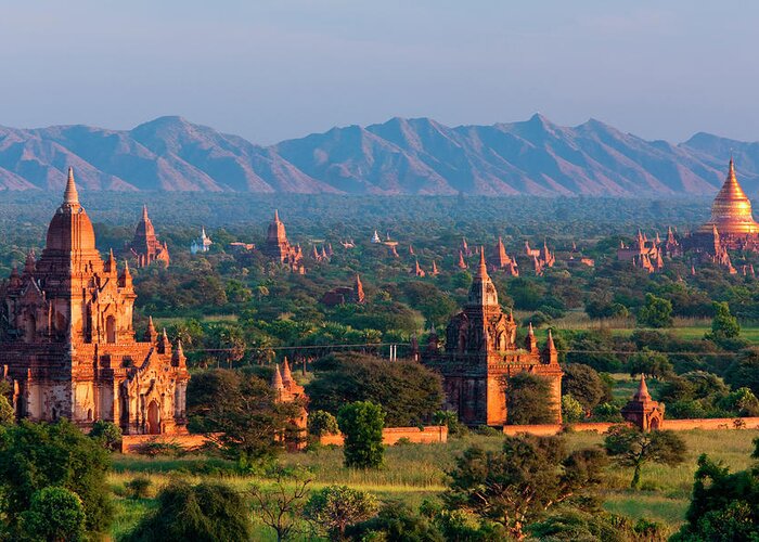 Southeast Asia Greeting Card featuring the photograph Stupas On The Plains Of Bagan, Myanmar by Mint Images/ Art Wolfe