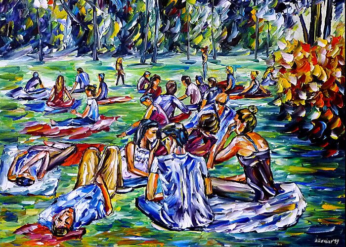 Palette Knife Oil Painting Greeting Card featuring the painting Summer In The Park by Mirek Kuzniar