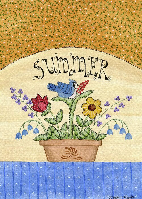 Summer W/flowers & Blue Jay Greeting Card featuring the painting Summer W/flowers & Blue Jay by Debbie Mcmaster