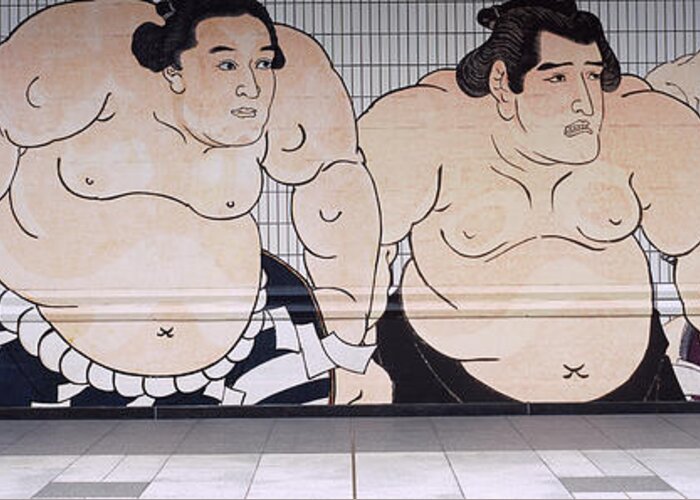 Photography Greeting Card featuring the photograph Sumo Wrestling Mural On A Wall, Ryogoku by Panoramic Images