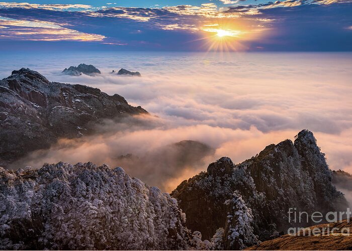 Anhui Greeting Card featuring the photograph Sun Setting on Huangshan by Inge Johnsson