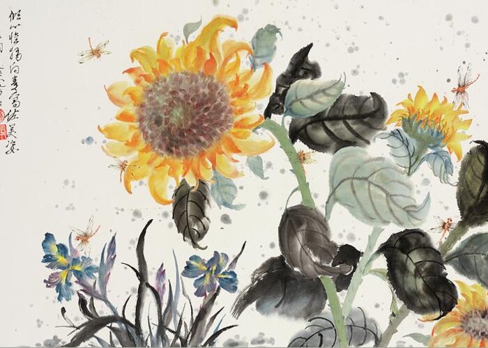 Chinese Watercolor Greeting Card featuring the painting Sunflower and Dragonfly by Jenny Sanders