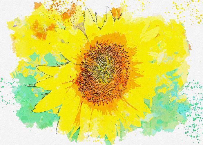 Sunflower Greeting Card featuring the painting Sunflower Plant Flower Nature Agriculture Field watercolor by Ahmet Asar by Celestial Images