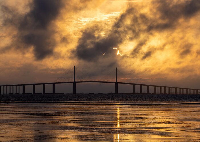 Sunrise Greeting Card featuring the photograph Sunrise above the Sunshine Skyway in Tampa Bay by L Bosco
