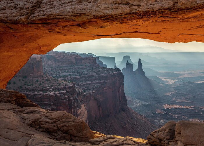 Canyonlands National Park Greeting Card featuring the photograph Sunrise At Mesa Arch In Canyonlands National Park, Utah. by Cavan Images