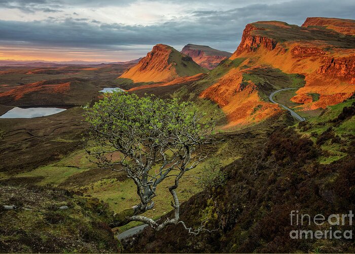 Quiraing Greeting Card featuring the photograph Sunrise in a Quiraing mountain landscape by IPics Photography