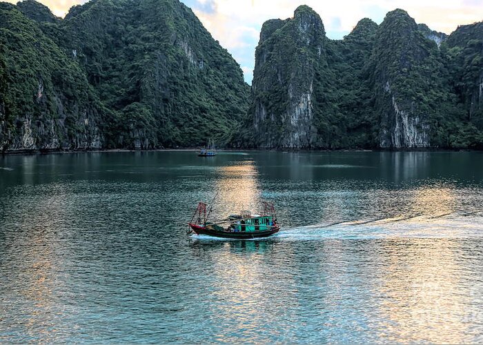 Vietnam Greeting Card featuring the photograph Sunset Ha Long Bay Vietnam Fishing Boat by Chuck Kuhn