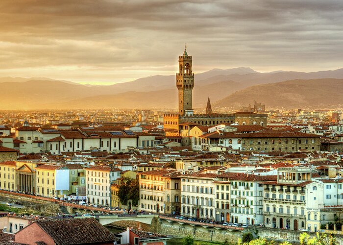 Florence Greeting Card featuring the photograph Sunset in Florence Triptych 2 - Palazzo Vecchio by Weston Westmoreland