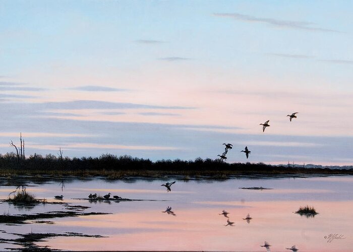 Black Ducks Flying Over Water At Dusk Greeting Card featuring the painting Sunset March Black Ducks by Wilhelm Goebel