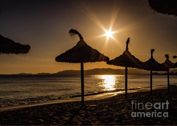 Sunset Greeting Card featuring the photograph Sunset on the beach, Mallorca, Spain by Lyl Dil Creations
