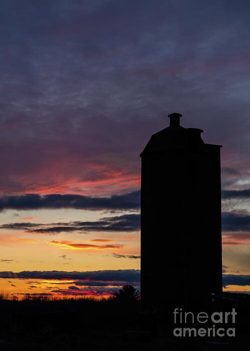 Sunset Greeting Card featuring the photograph Sunset Surrounds Silo Silhouette by Amfmgirl Photography