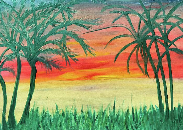 Sunset Greeting Card featuring the painting Sunset with Palm Trees #2 by Susan Grunin