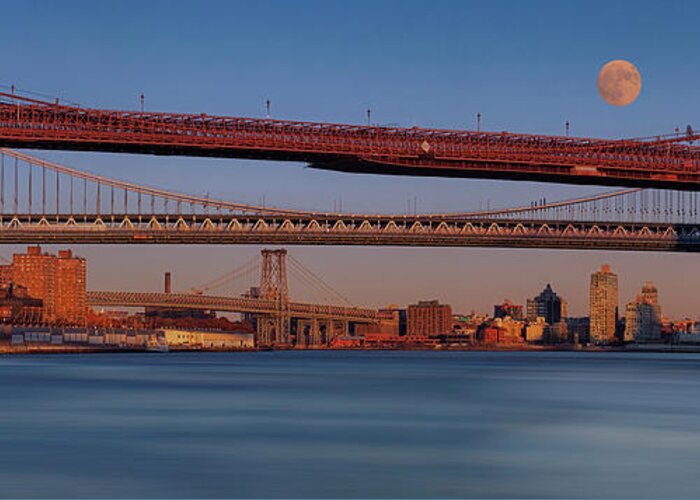 Nyc Skyline Greeting Card featuring the photograph Super Moon Over NYC Bridges Pano by Susan Candelario