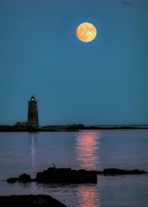 Maine Lighthouse Greeting Card featuring the photograph Supermoon rises over WhaleBack a Maine Lighthouse-Digital Art by Jeff Folger
