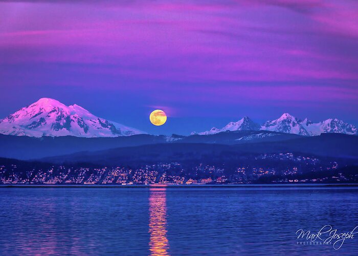 Moon Greeting Card featuring the photograph Supermoon with Mt. Baker Alpenglow by Mark Joseph