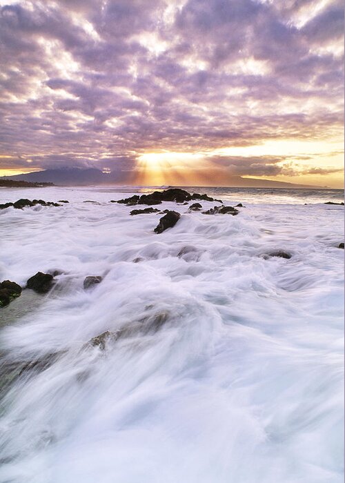 Coastal Feature Greeting Card featuring the photograph Surf At Sunset, Hawaii by Mint Images